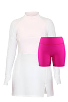 White long-sleeve top and pink shorts on a white background