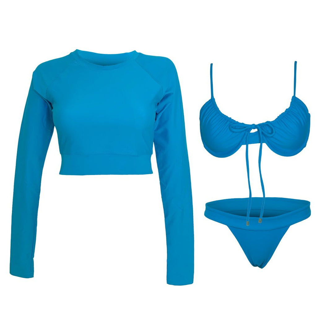 teal long sleeve crop top rash guard and matching bikini top and bottom sample