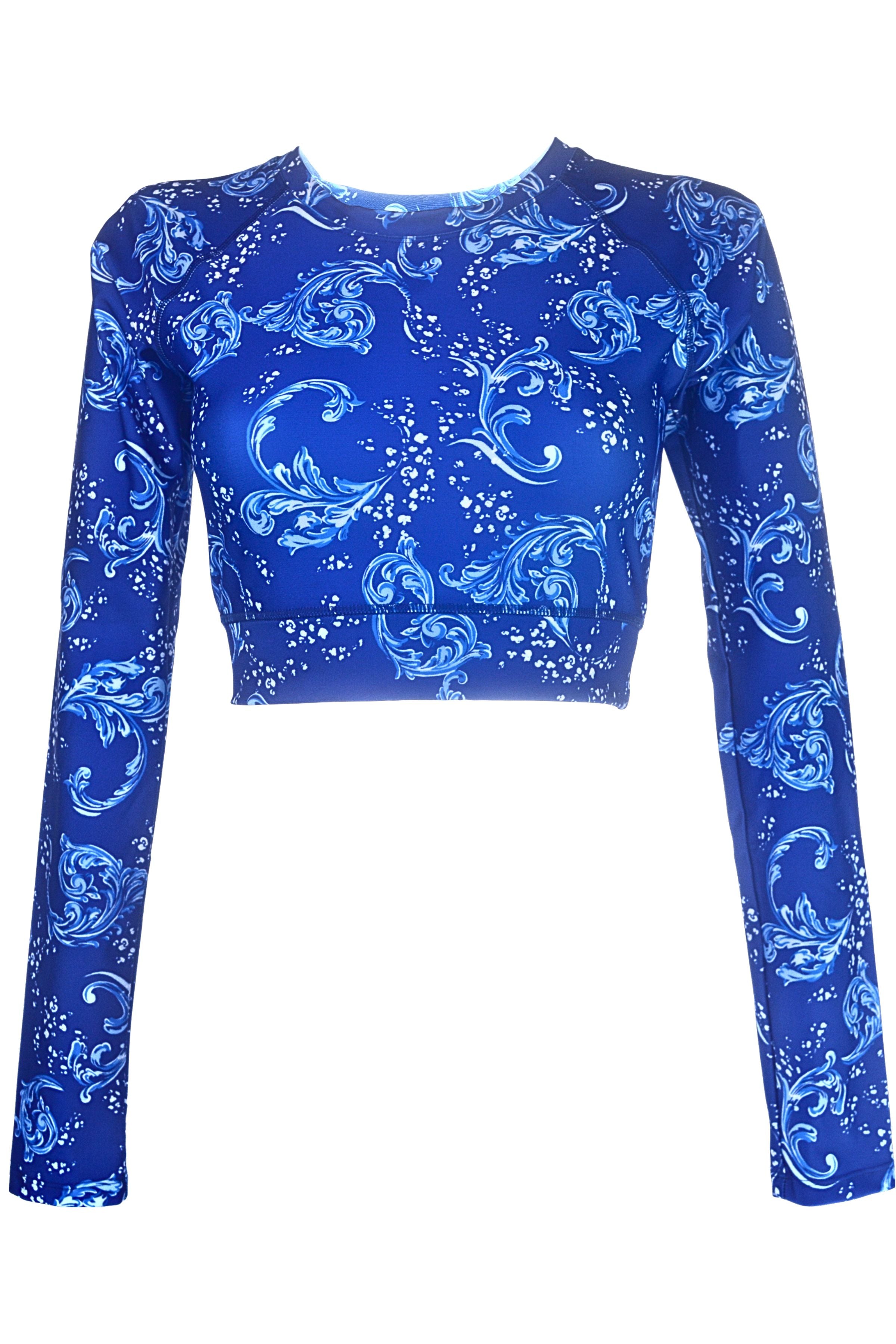 white and blue long sleeve crop rash guard sample