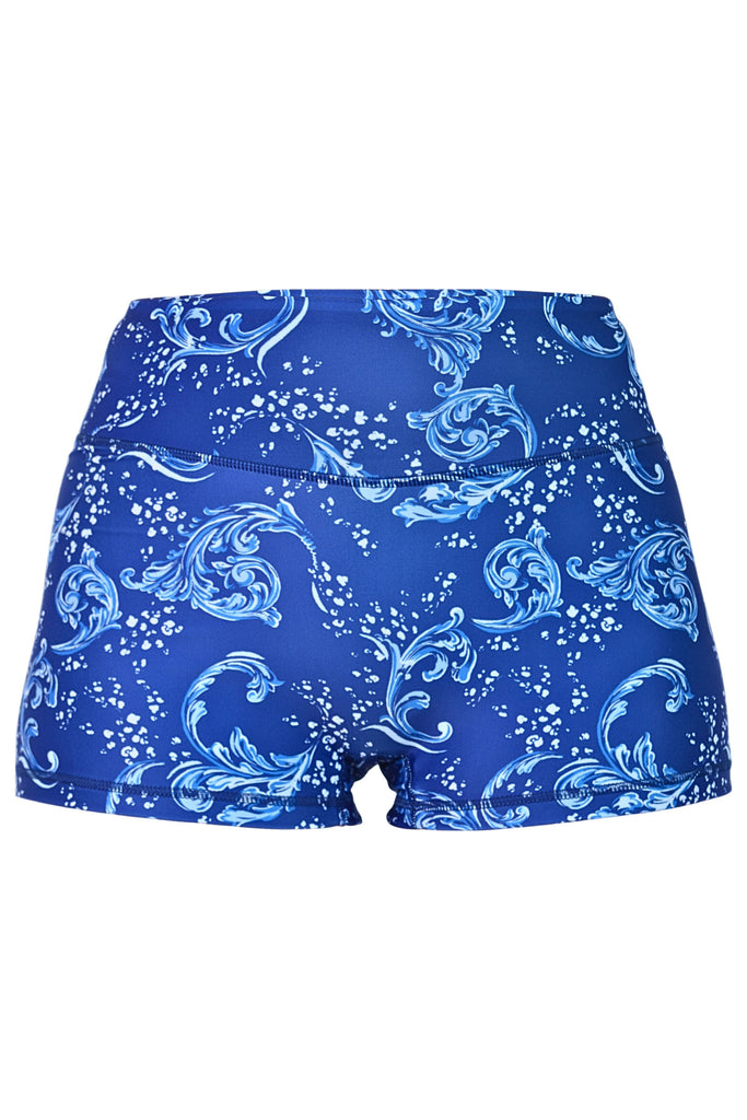 white and blue print swim shorts sample