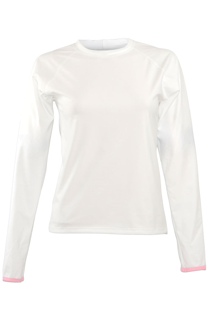 sample white long sleeve rash guard womens with light pink cuffs