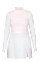 White swim dress with a pink gradient on front panel on a white background