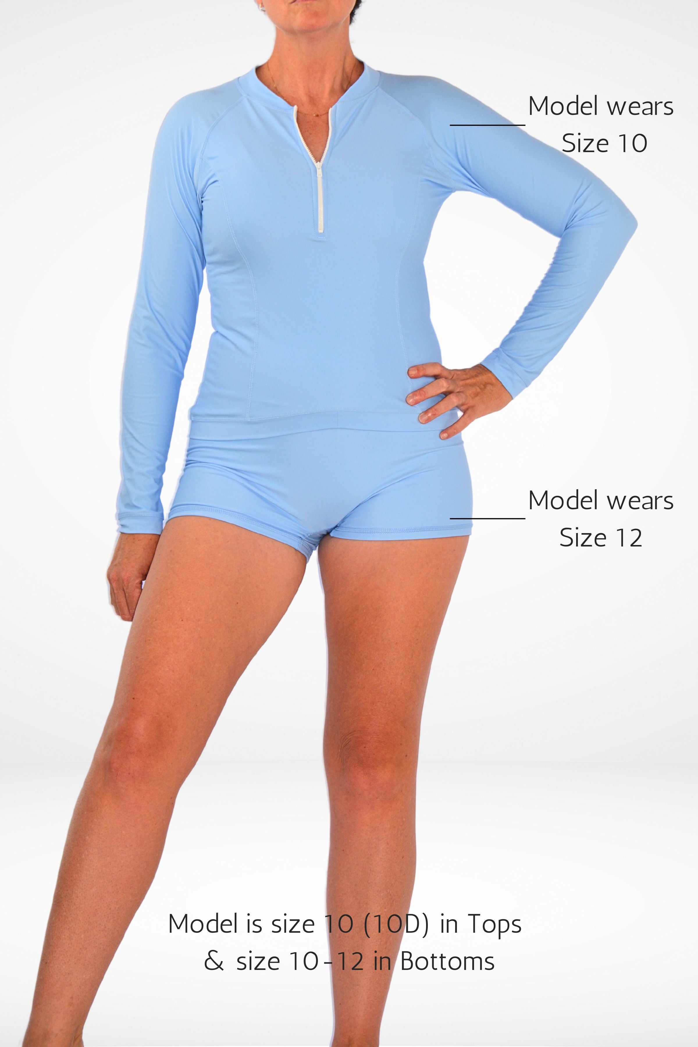 women wearing andavi light blue rash guard set with size description guide