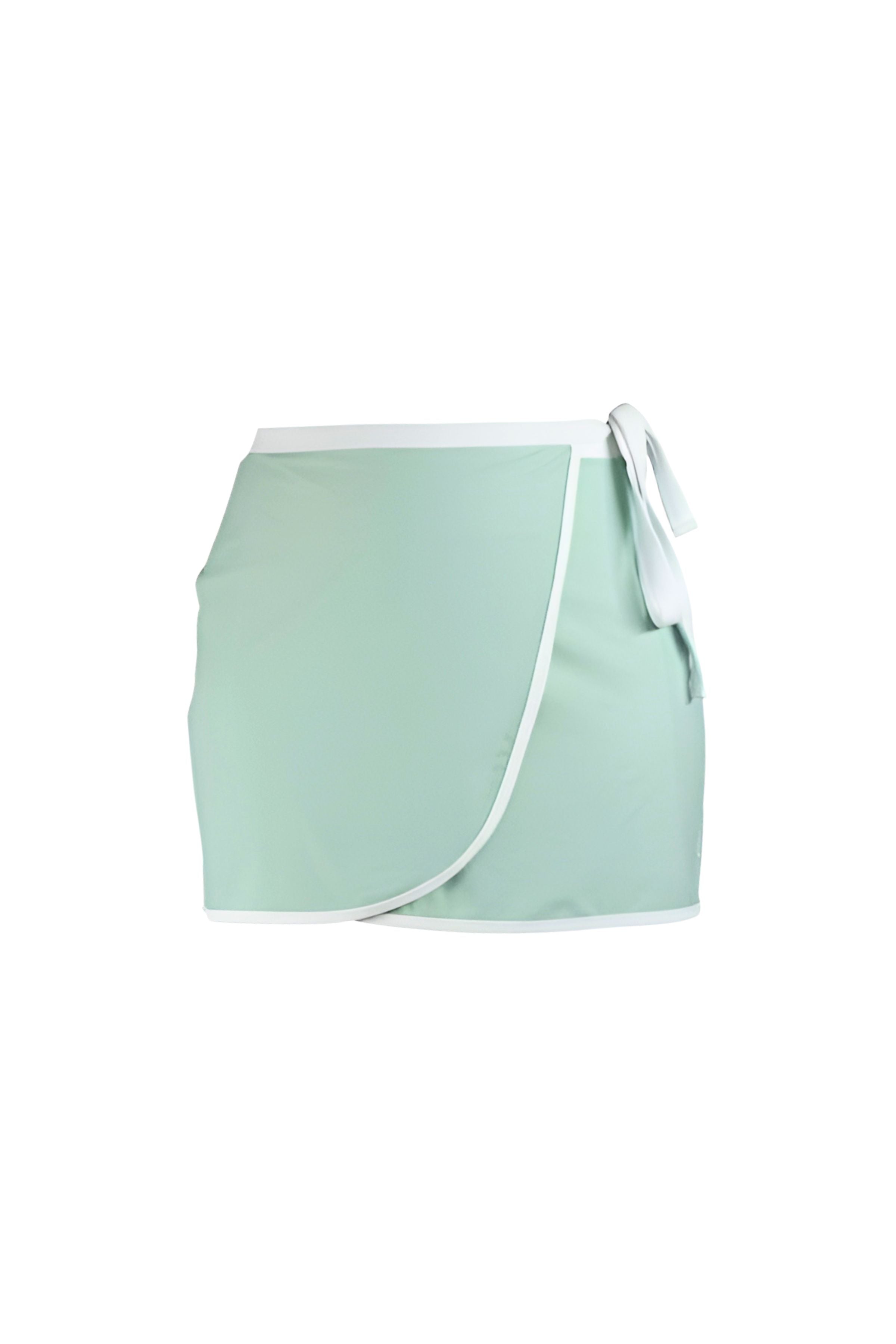 light green wrap swim skirt with white trim