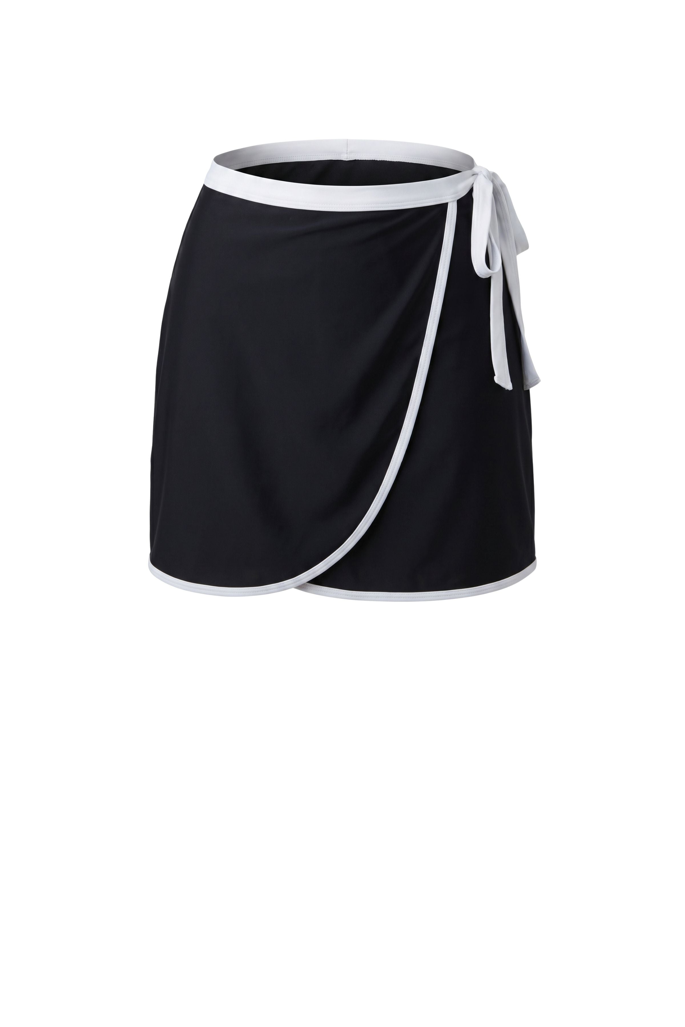 Black wrap skirt with white trim on a white background