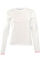 White long-sleeve shirt with pink logo on a white background