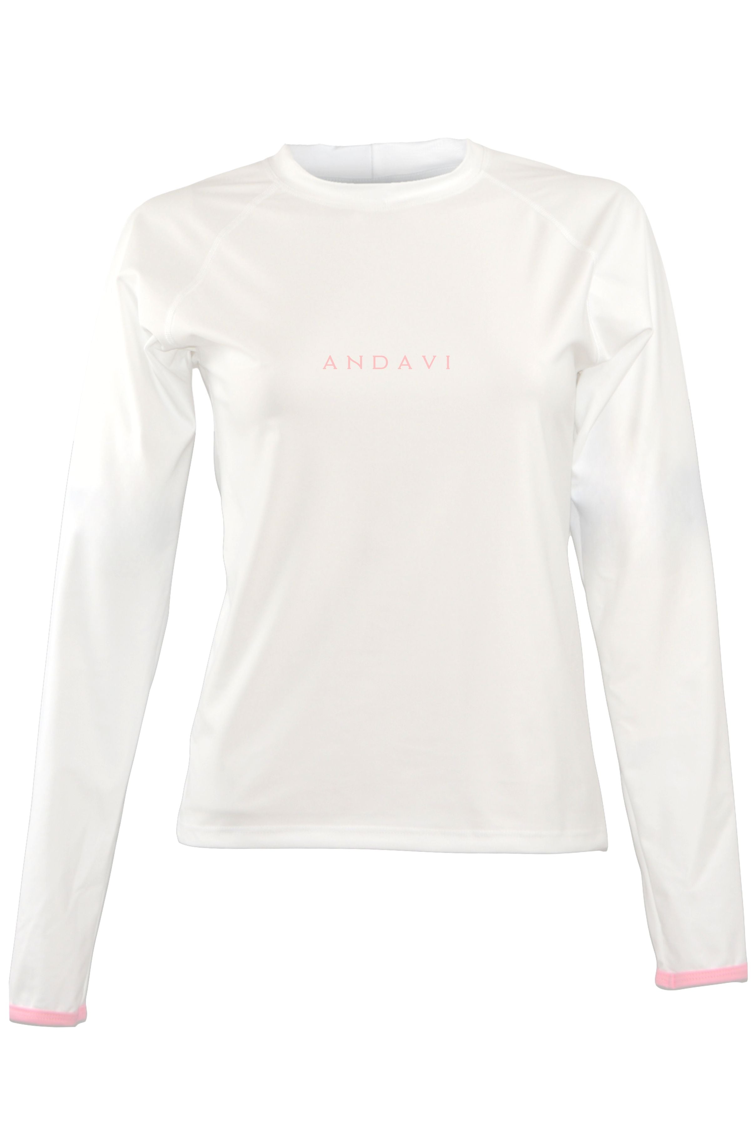 White long-sleeve shirt with pink logo on a white background