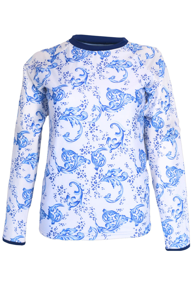 long sleeve t-shirt style rash guard with a white and navy blue print